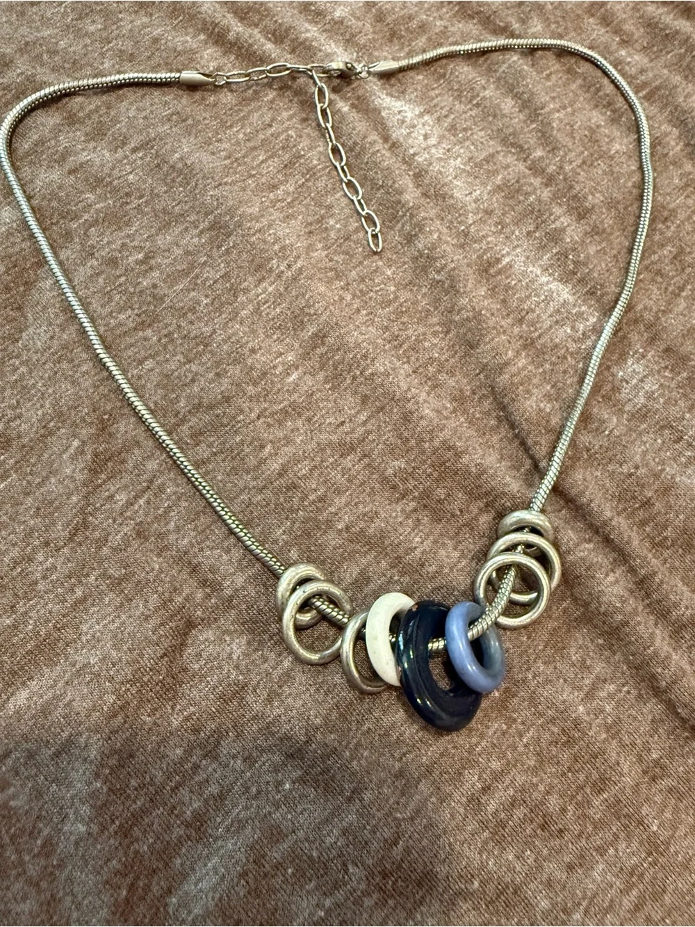 Silver Necklace with Blue and White Beads